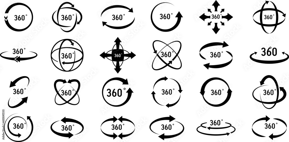 360 degree views of vector circle icons set isolated from the background. Signs with arrows to indicate the rotation or panoramas to 360 degrees. Vector illustration
