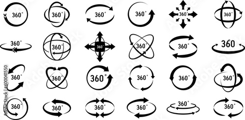 360 degree views of vector circle icons set isolated from the background. Signs with arrows to indicate the rotation or panoramas to 360 degrees. Vector illustration photo