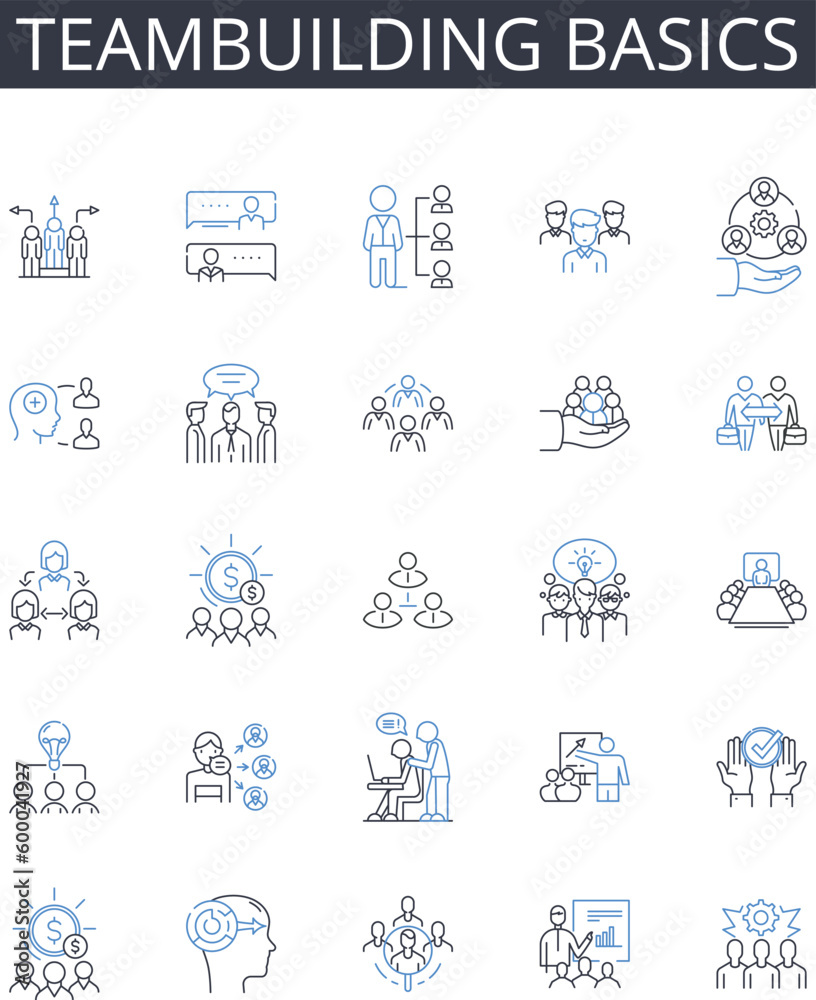Teambuilding basics line icons collection. Leadership essentials, Communication skills, Conflict resolution, Time management, Project management, Problem-solving, Goal setting vector and linear Teambuilding basics line icons collection. Leadership essentials, Communication skills, Conflict resolution, Time management, Project management, Problem-solving, Goal setting vector and linear