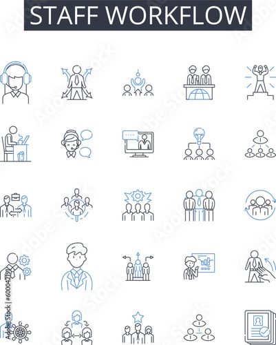 Staff workflow line icons collection. Employee productivity, Resource management, Workplace efficiency, Business process, Operation system, Corporate culture, Task delegation vector and linear