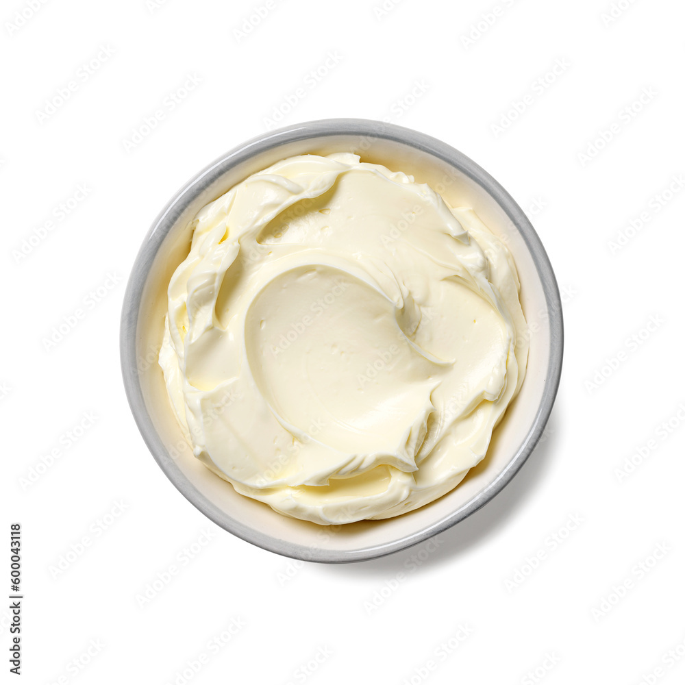 Bowl of cream cheese isolated on white background, top view Bowl of cream cheese isolated on white background, top view