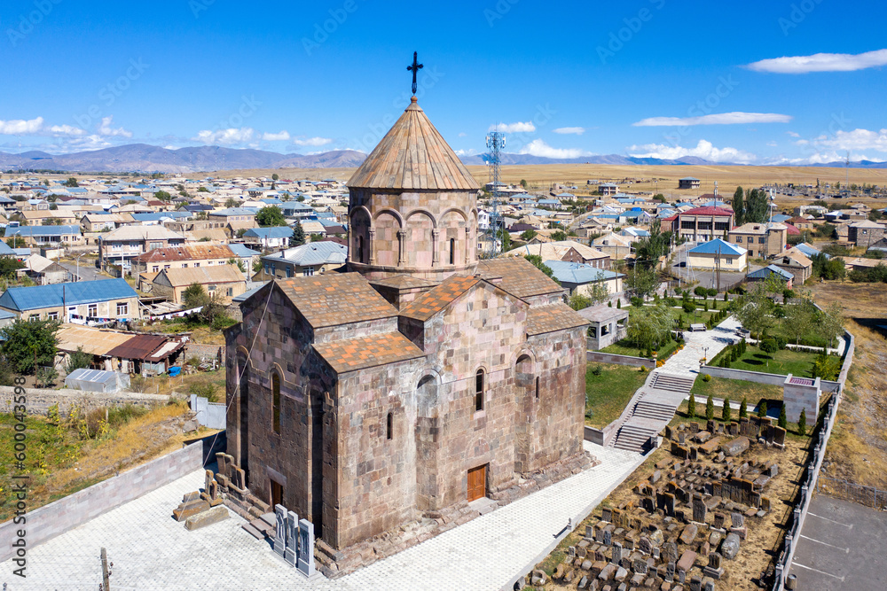 Obraz premium Drone view of Surb Astvatsatsin church on sunny summer day. Noratus, Gegharkunik Province, Armenia.