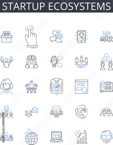 Startup Ecosystems line icons collection. Business Nerks, Entrepreneurial Ecosystems, Innovation Hubs, Corporate Communities, Venture Landscapes, Industrial Clusters, Trade Alliances vector and linear