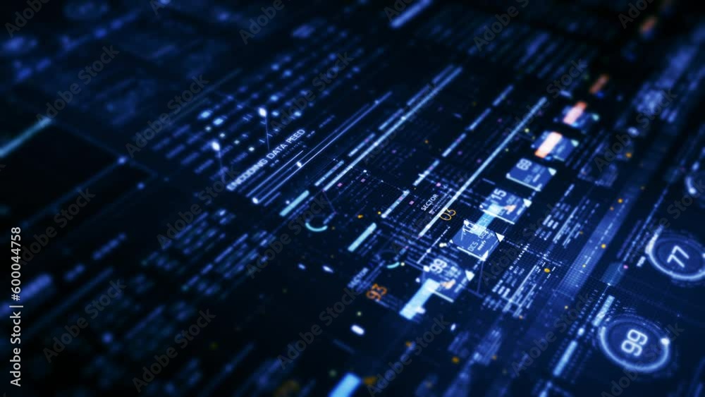 Futuristic data matrix, telemetry and encrypt numbers simulation display for head up display in cyber space abstract de-focus environment background