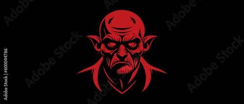 Vector stencil of a scary old red bald and wrinkled goblin with empty eyes on a black isolated background.