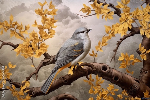 wallpaper birds and flowers long branches background © EnelEva