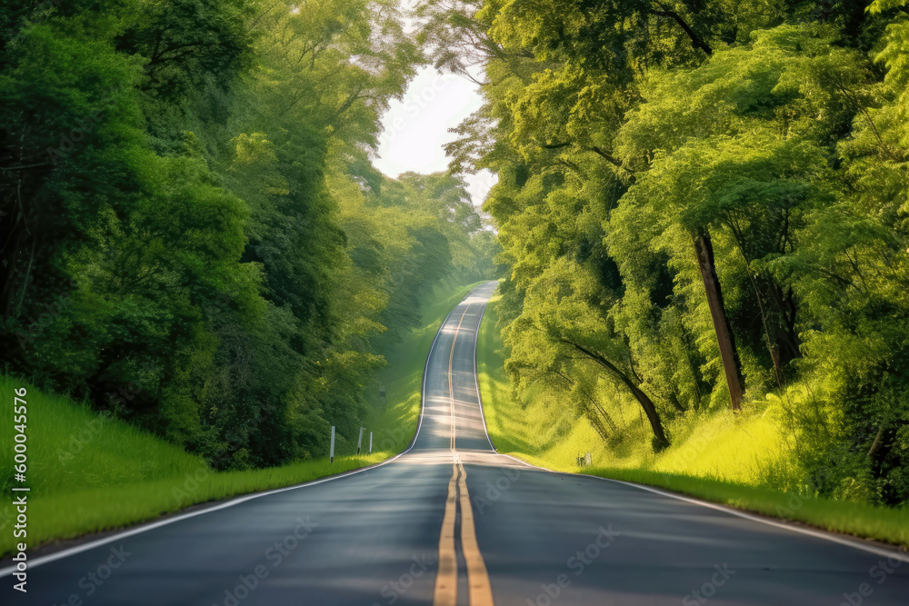 Green trees and long road, Generative AI