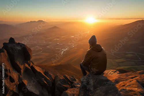 Hiker admiring the view and sunset, Generative AI © HiroSund