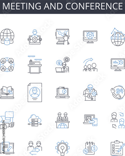 Meeting and conference line icons collection. Assembly, Gathering, Convention, Symposium, Forum, Session, Colloquium vector and linear illustration. Seminar,Panel discussion,Roundtable outline signs