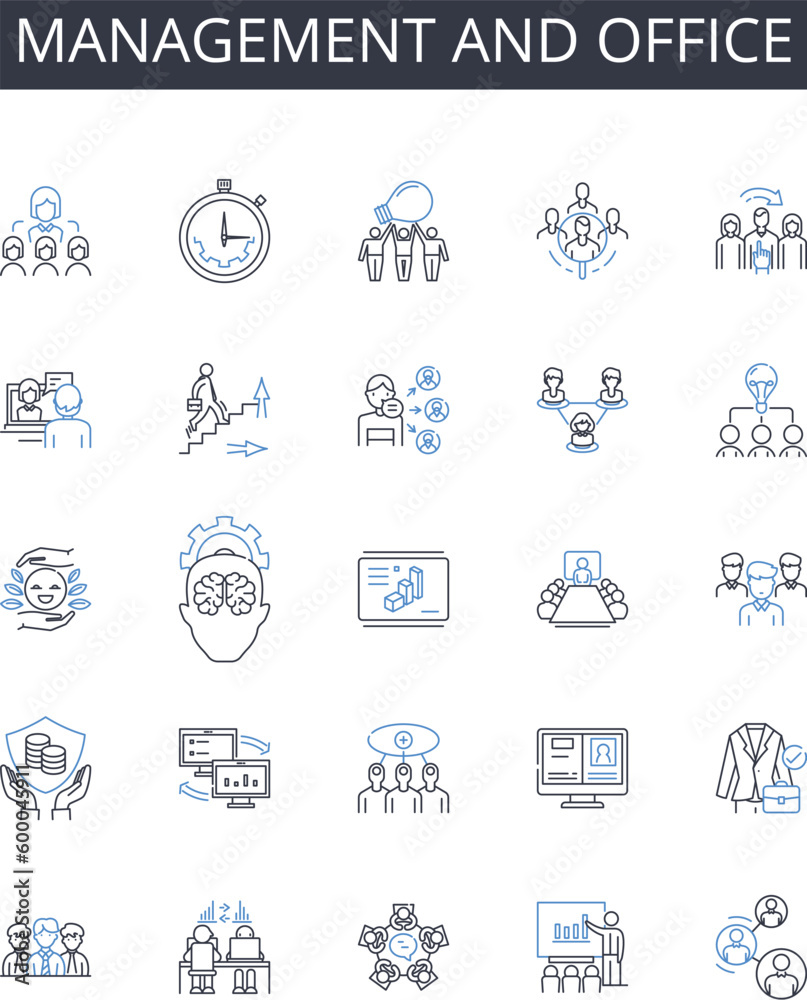 Management and office line icons collection. Marketing and advertising, Sales and promotion, Customer service and satisfaction, Research and development, Financial management and planning, Human