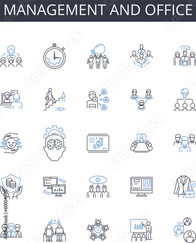 Management and office line icons collection. Marketing and advertising  Sales and promotion  Customer service and satisfaction  Research and development  Financial management and planning  Human