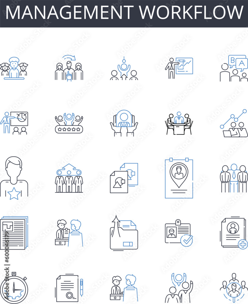 Management workflow line icons collection. Project management, Creative workflow, Business strategy, Marketing planning, Production pipeline, Operational efficiency, Advertising campaign vector and