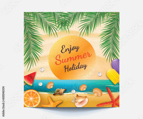 Summer season vector design. Hello summer typography text with tropical holiday elements and background for fun and enjoy outdoor day vacation. Vector illustration.