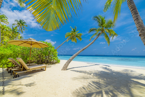 Beautiful amazing beach with umbrellas and lounge chairs beds turquoise sea palm trees  sunny sky. Leisure summer landscape  idyllic inspire couple vacation  romantic holiday. Freedom resort travel