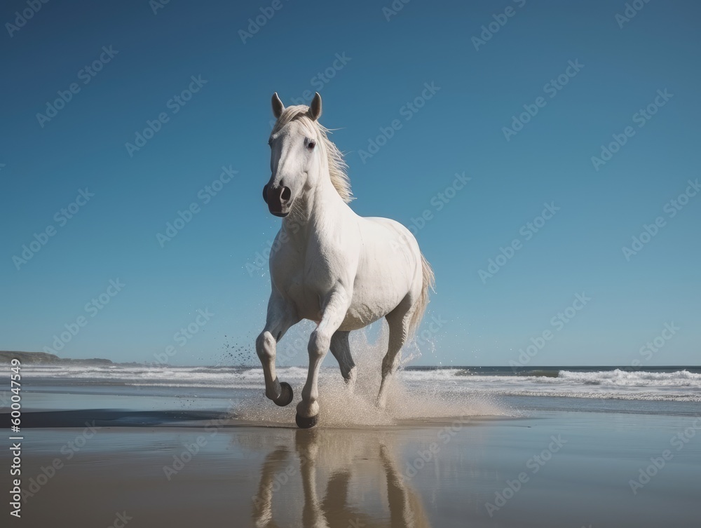 Obraz premium White stallion in gallop on the beach. Animal in motion. Generative ai.