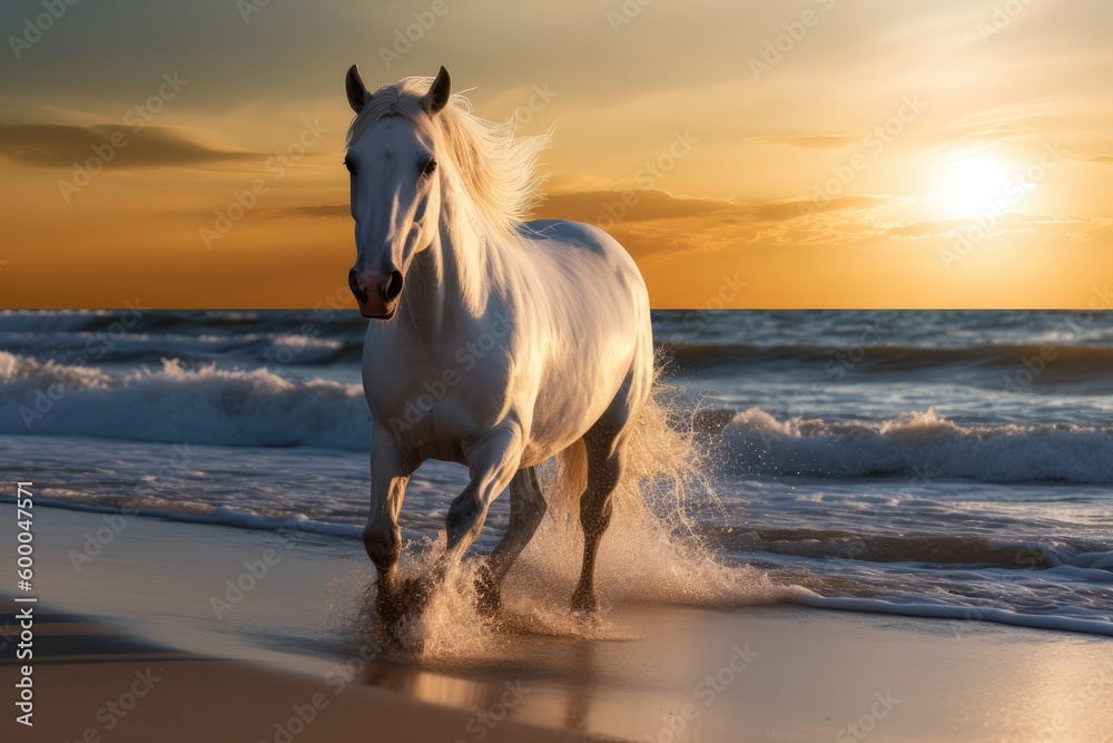 White stallion in gallop on the beach at sunset. Animal in motion. Generative ai. White stallion in gallop on the beach at sunset. Animal in motion. Generative ai.