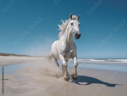 White stallion in gallop on the beach. Animal in motion. Generative ai.