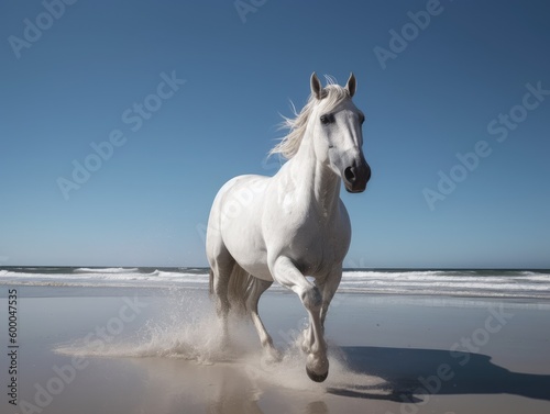 White stallion in gallop on the beach. Animal in motion. Generative ai. © FantasyEmporium
