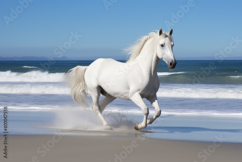 White stallion in gallop on the beach. Animal in motion. Generative ai. © FantasyEmporium