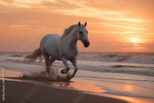 White stallion in gallop on the beach at sunset. Animal in motion. Generative ai.
