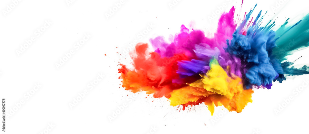 An explosive burst of smoke powder color, so vivid and realistic it appears almost tangible, set against a stark white background. generative AI.