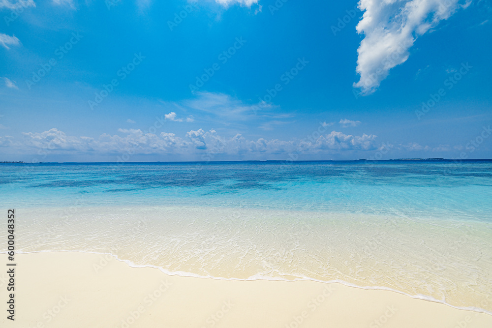 Tranquil landscape closeup of sand on exotic beach. Panoramic beach landscape. Idyllic tropical beach and seascape. Sunny blue cloudy sky, soft sand, calmness, tranquil relaxing sunlight, summer mood - obrazy, fototapety, plakaty 