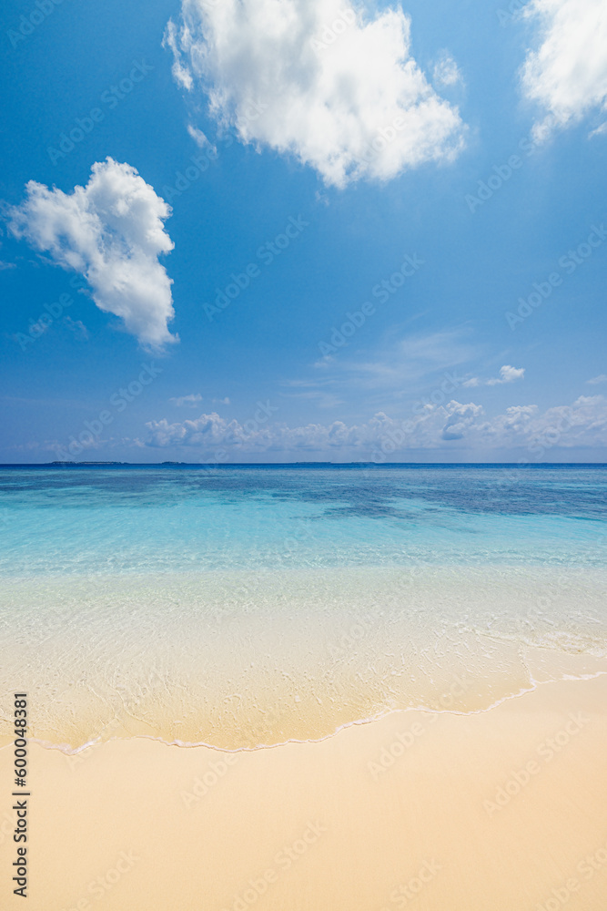 Tranquil landscape closeup of sand on exotic beach. Panoramic beach landscape. Idyllic tropical beach and seascape. Sunny blue cloudy sky, soft sand, calmness, tranquil relaxing sunlight, summer mood