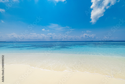 Fototapeta Naklejka Na Ścianę i Meble -  Tranquil landscape closeup of sand on exotic beach. Panoramic beach landscape. Idyllic tropical beach and seascape. Sunny blue cloudy sky, soft sand, calmness, tranquil relaxing sunlight, summer mood