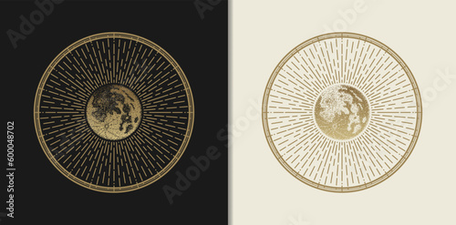 Moon illuminates the night sky with its radiant glow, illustration use engraving style