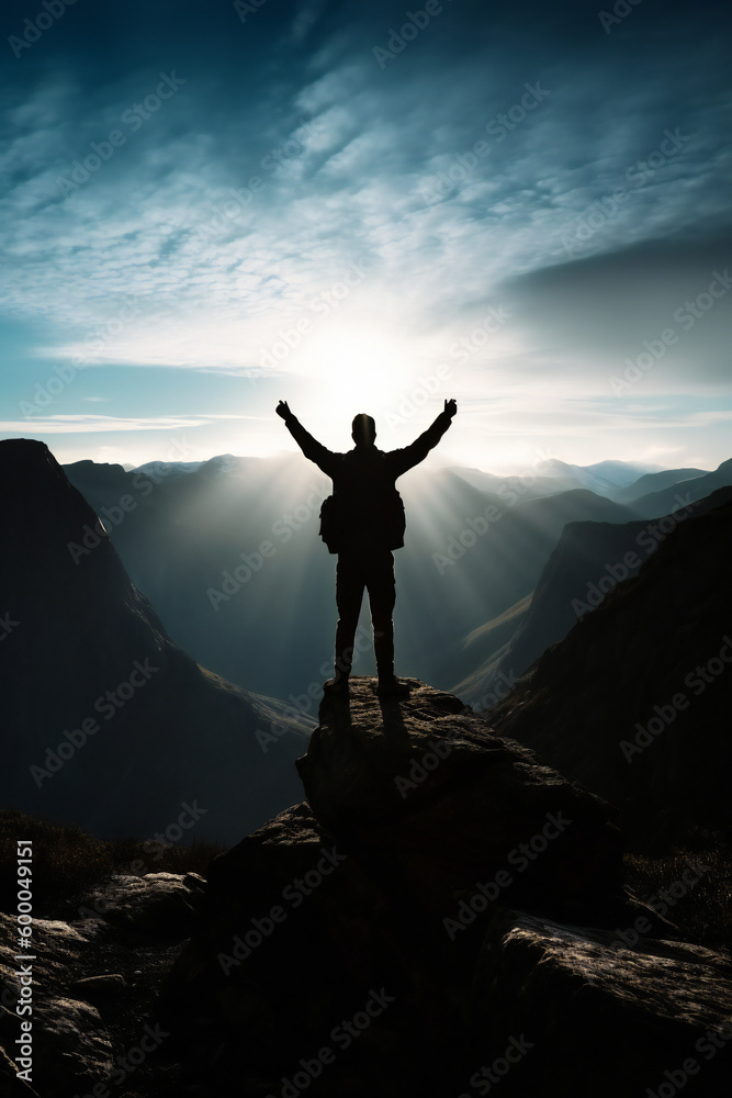 Man standing on the edge of a mountain with his arms in the air feeling victorious