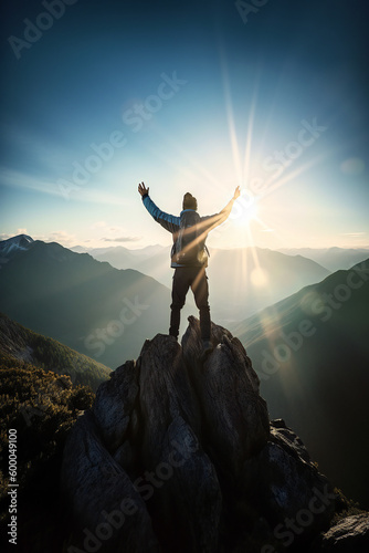 Man standing on the edge of a mountain with his arms in the air feeling victorious © jeff