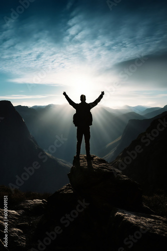 Man standing on the edge of a mountain with his arms in the air feeling victorious
