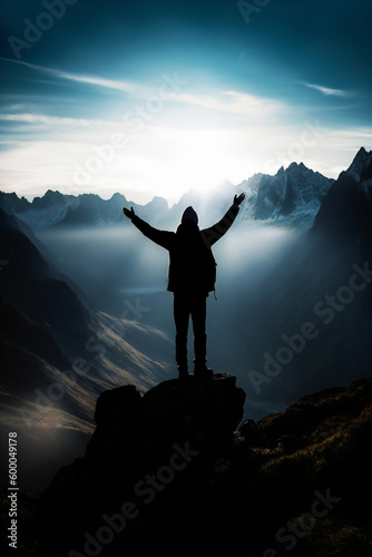 Man standing on the edge of a mountain with his arms in the air feeling victorious