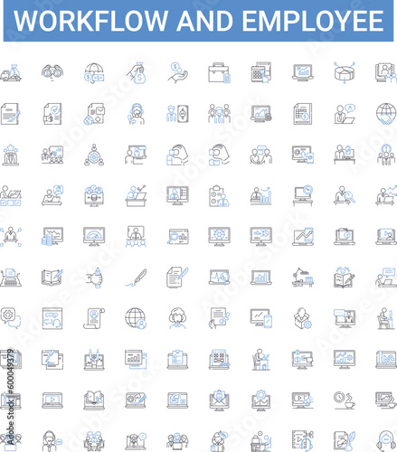 Workflow and employee outline icons collection. Workforce, Employee, Automation, Task, Process, System, Coordinate vector illustration set. Productivity, Efficiency, Schedule line signs