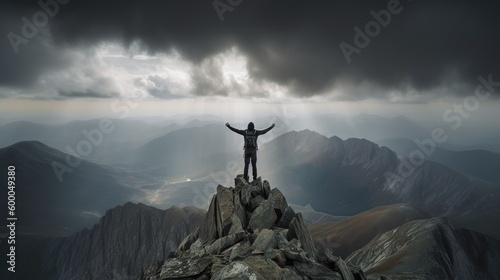 generative AI  A person standing alone on a mountain peak their arms raise