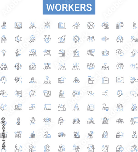 Workers outline icons collection. Employees, Laborers, Operatives, Staff, Personnel, Artisans, Workers vector illustration set. Hands, Craftsmen, Toilers line signs