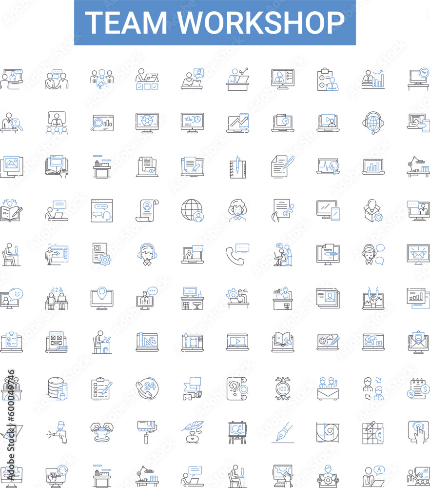 Team workshop outline icons collection. Workshop, Team, Training, Collaboration, Problem-solving, Learning, Teambuilding vector illustration set. Communication, Facilitation, Motivation line signs Team workshop outline icons collection. Workshop, Team, Training, Collaboration, Problem-solving, Learning, Teambuilding vector illustration set. Communication, Facilitation, Motivation line signs