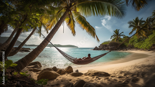 generative ai, The image of a man lying in a hammock at a resort typically depicts a scene of relaxation and leisure. The man is likely on vacation or taking a break from his daily routine.