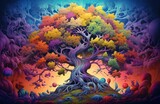 3d abstraction wallpaper for interior mural wall art decor, a tree surrounded by many colorful leaves,