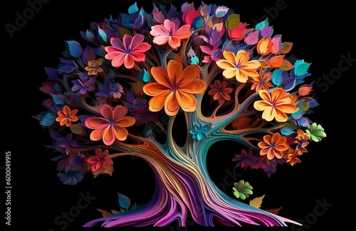 Fototapeta Naklejka Na Ścianę i Meble -  3d tree abstract colorful flower art on black, 3d abstraction wallpaper for interior mural wall art decor, Generative Ai.
