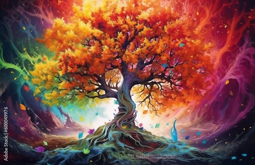 Fototapeta Naklejka Na Ścianę i Meble -  3d abstraction wallpaper for interior mural wall art decor, a tree surrounded by many colorful leaves,