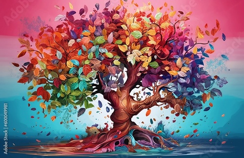 Fototapeta Naklejka Na Ścianę i Meble -  3d abstraction wallpaper for interior mural wall art decor, a tree surrounded by many colorful leaves,