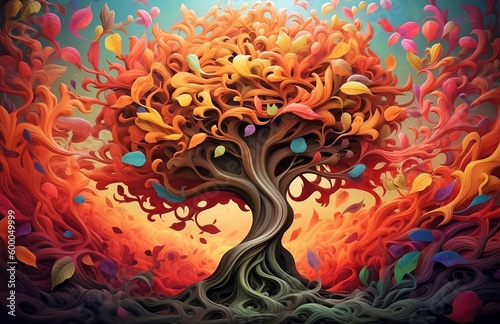 Fototapeta Naklejka Na Ścianę i Meble -  3d abstraction wallpaper for interior mural wall art decor, a tree surrounded by many colorful leaves,