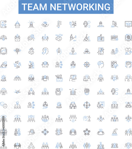 Team networking outline icons collection. Networking, Team, Collaboration, Connecting, Partnership, Discussion, Union vector illustration set. Communication,Association,Interaction line signs