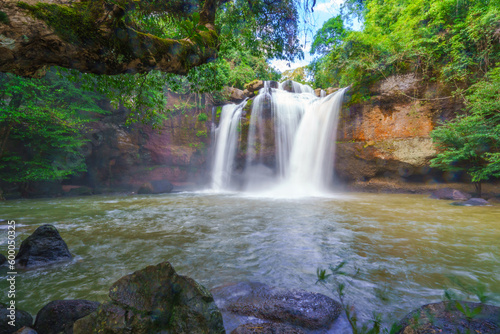 Beautiful waterfall with sunlight in jungle, Haew Suwat Waterfall at khao yai Nakhonratchasima province photo