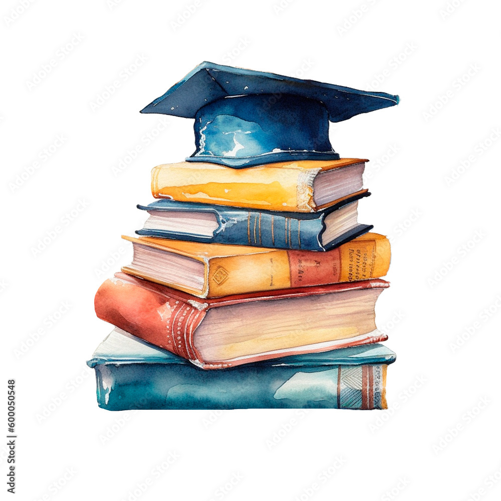 Graduation cap with vintage books watercolor AI generative illustration ...
