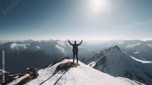 Photo generative ai, The man stands at the top of the mountain, his arms outstretched and a broad grin on his face