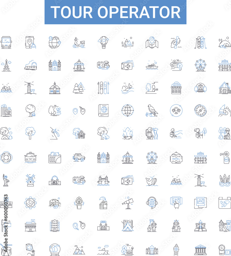 Tour operator outline icons collection. Tour, Operator, Travel, Agency, Vacation, Trip, Guide vector illustration set. Adventure, Packages, Booking line signs
