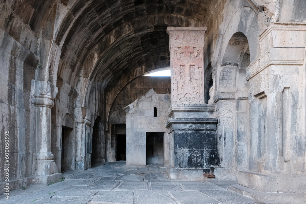Gallery of Library (Matenadaran) and famous khachkar Amenaprkich. Haghpat Monastery, Lori Province, Armenia.