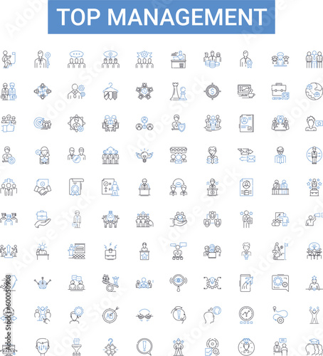 Top management outline icons collection. Leadership, Executives, Directors, Officers, Administrators, Managers, Advisors vector illustration set. Supervisors, Heads, Chiefs line signs photo